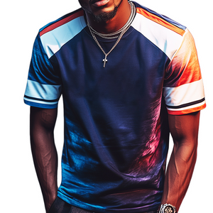 Camiseta retro informal de manga corta con cuello redondo y costuras en contraste para hombre