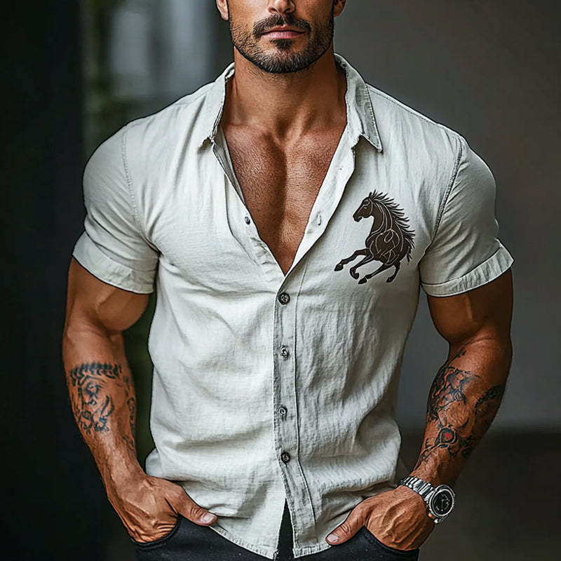 Men's Horse Print Lapel Short Sleeve Shirt
