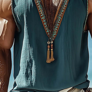 Camiseta sin mangas bordada vintage con cuello en V de verano para hombre