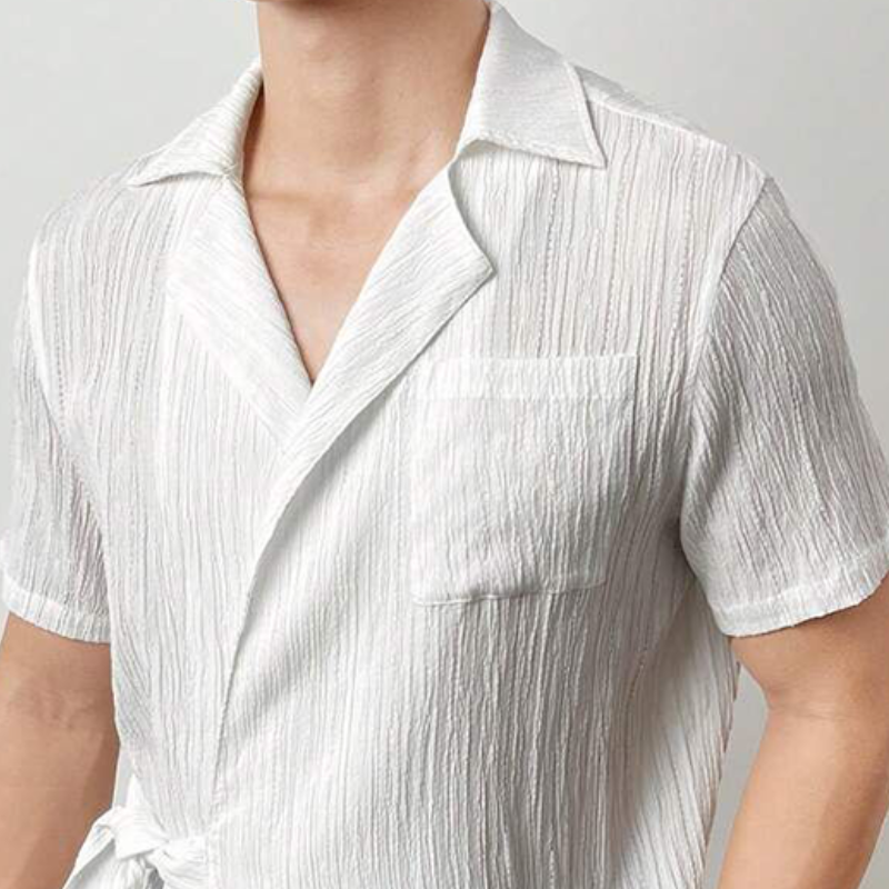 Camisa informal de manga corta con solapa y pliegues para hombre, de moda de primavera y verano