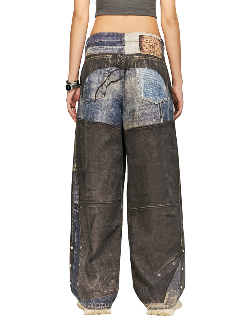 Washed Printed Patchwork Straight Jeans