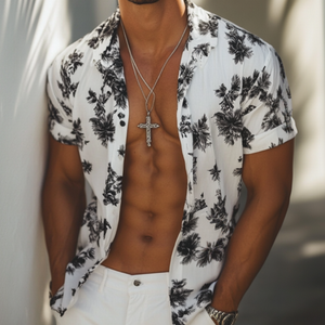 Camisa informal de manga corta con solapa estampada para hombre