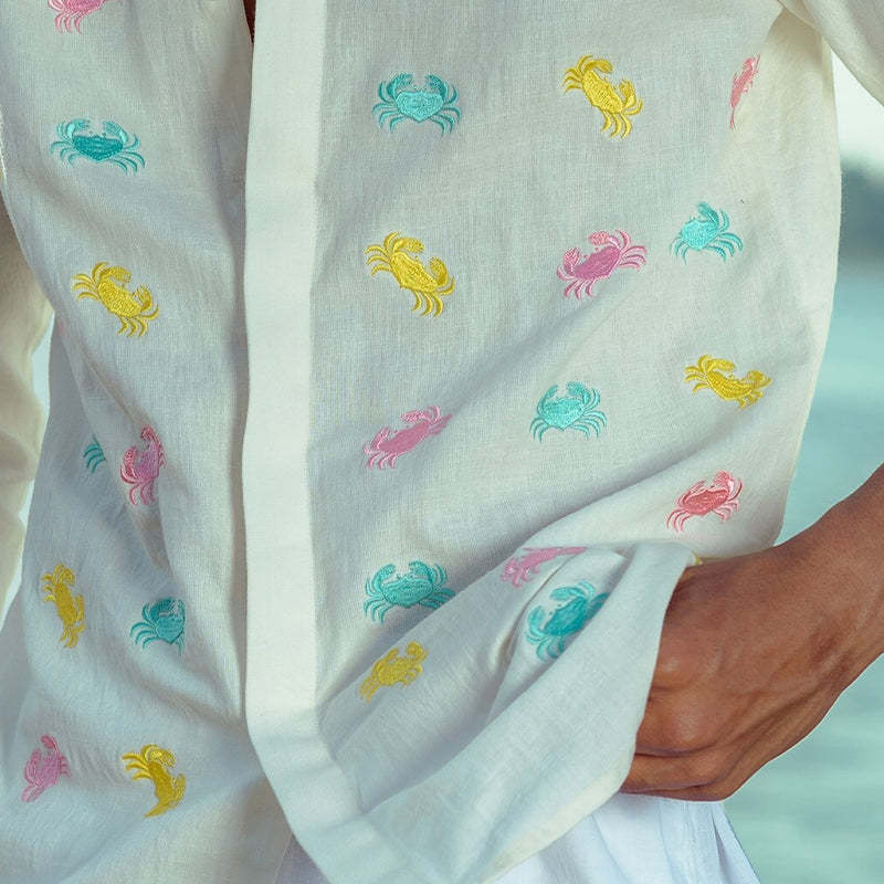Men's Embroidered Fun Crab Pattern Long Sleeve Shirt