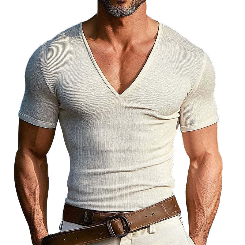 Men's Solid Color Knitted V-Neck Casual Short Sleeve T-Shirt