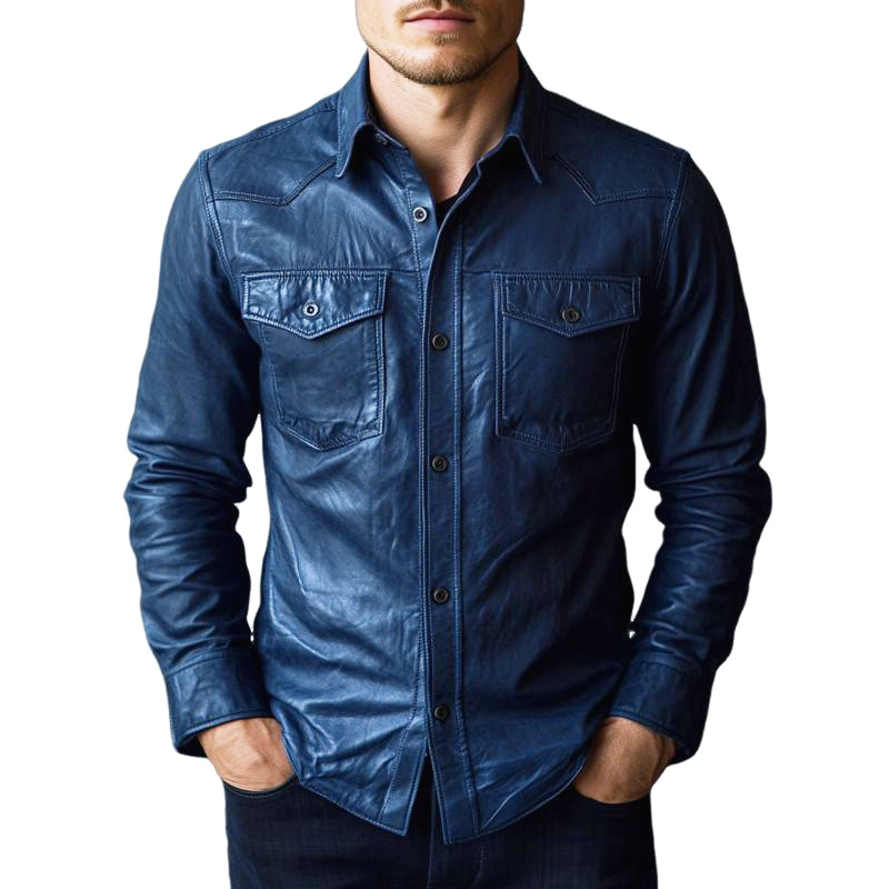 Camisa elegante de cuero de manga larga con solapa azul oscuro para hombre