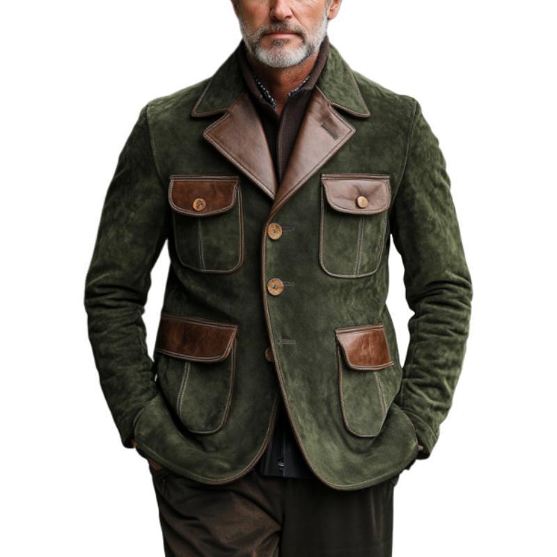 Einreihiger Vintage-Blazer aus Wildleder und Leder mit mehreren Taschen für Herren
