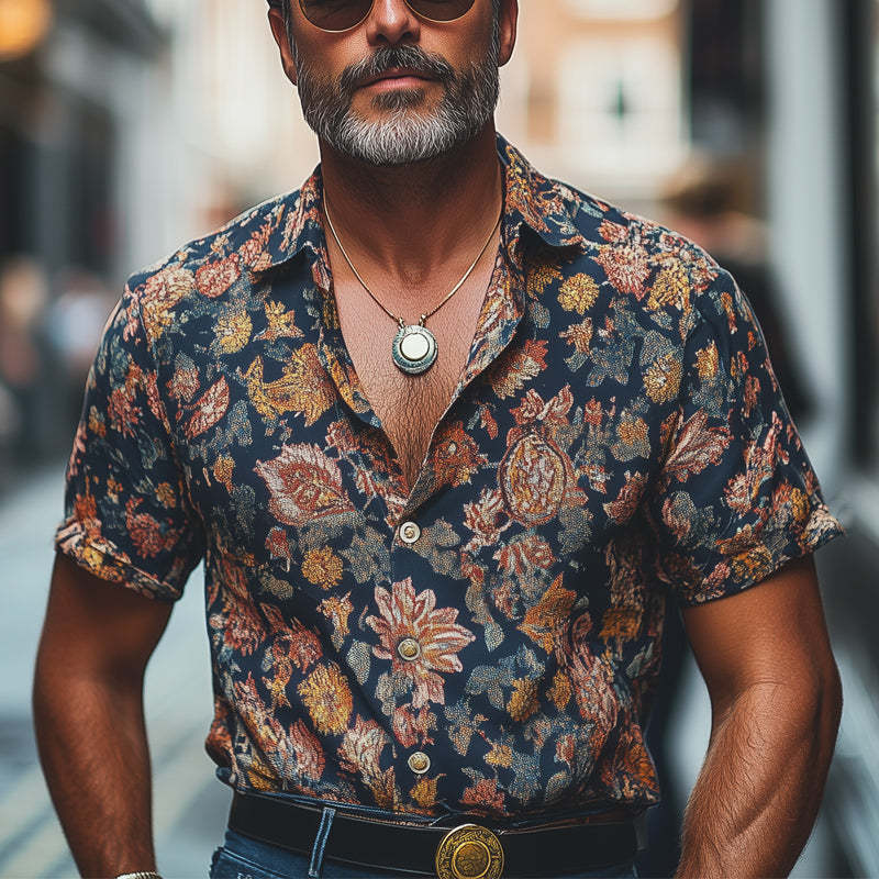 Camisa casual de manga corta con estampado retro para hombre