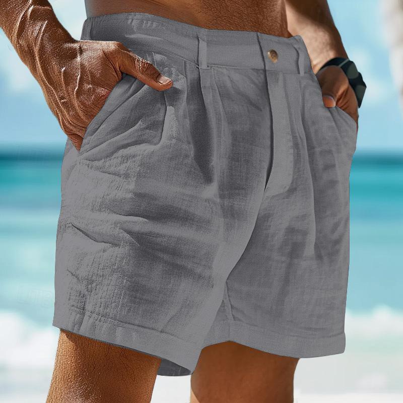 Pantalones cortos de playa de verano de lino de color liso para hombre