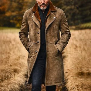 Abrigo vintage de ante de cuello doble y longitud media para hombre