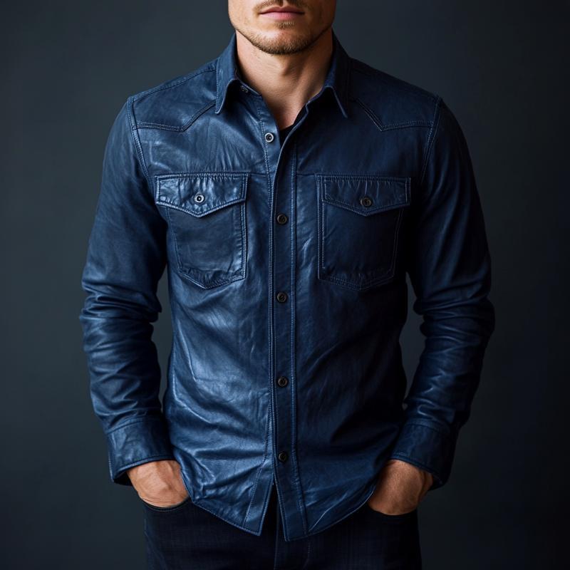 Camisa elegante de cuero de manga larga con solapa azul oscuro para hombre