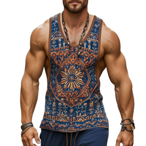 Men's Retro Casual Ethnic Style Geometric Print Round Neck Tank Top