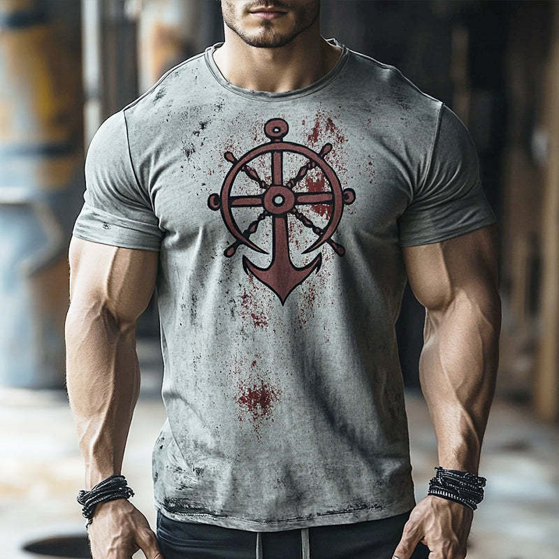 Men's Retro Nautical Anchor Print Casual Round Neck Short Sleeve T-Shirt