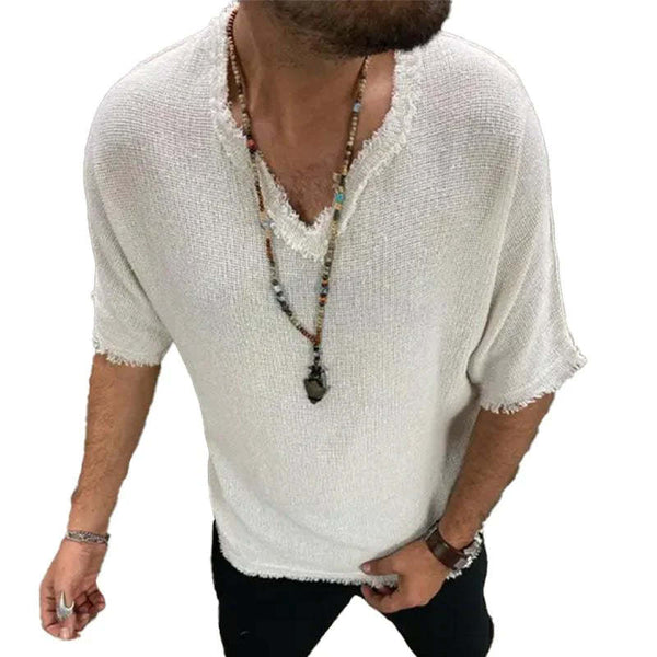 Camiseta holgada de algodón y lino con cuello en V y manga corta para hombre