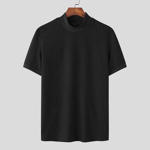 Camiseta de manga corta de punto ajustado de color liso con cuello alto para hombre