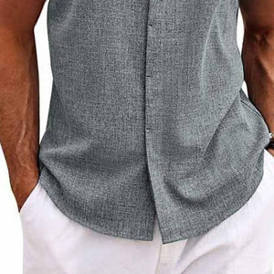 Men's Solid Color Lapel Cotton And Linen Sleeveless Shirt