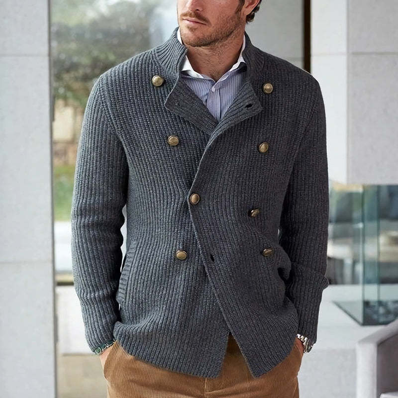 Herren Frühling und Herbst Dunkelgrau Zweireihige Lässige Strickjacke