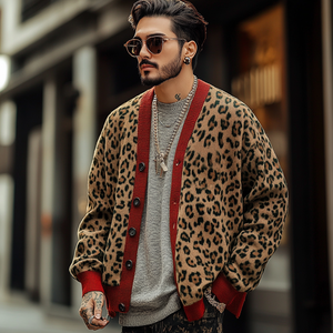 Men's Vintage Leopard Jacquard Colorblock Single Breasted Cardigan