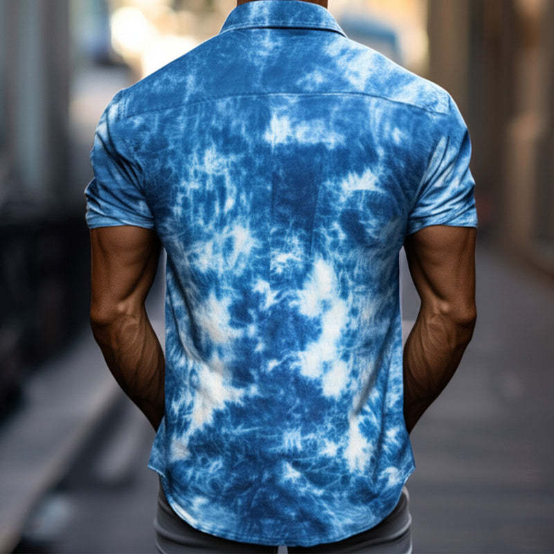 Camisa informal de manga corta de algodón teñido anudado azul de verano para hombre