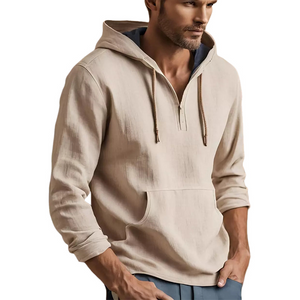 Sudadera informal con capucha de algodón y lino color albaricoque para hombre