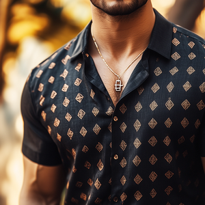 Camisa de lino con solapa de manga corta y estampado geométrico informal retro para hombre