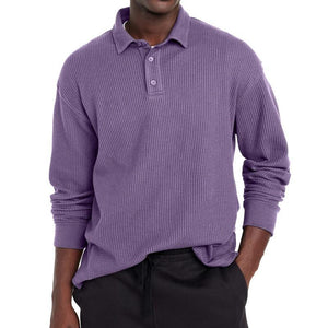 Polo informal de manga larga con solapa y botones de color liso para hombre