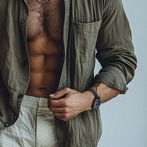 Camisa holgada de algodón con solapa lisa para hombre