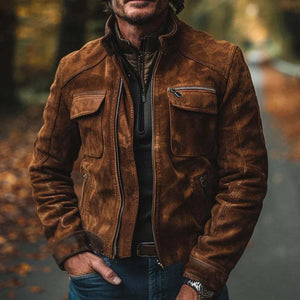 Herrenjacke aus Wildleder im Vintage-Stil mit Stehkragen und Reißverschluss