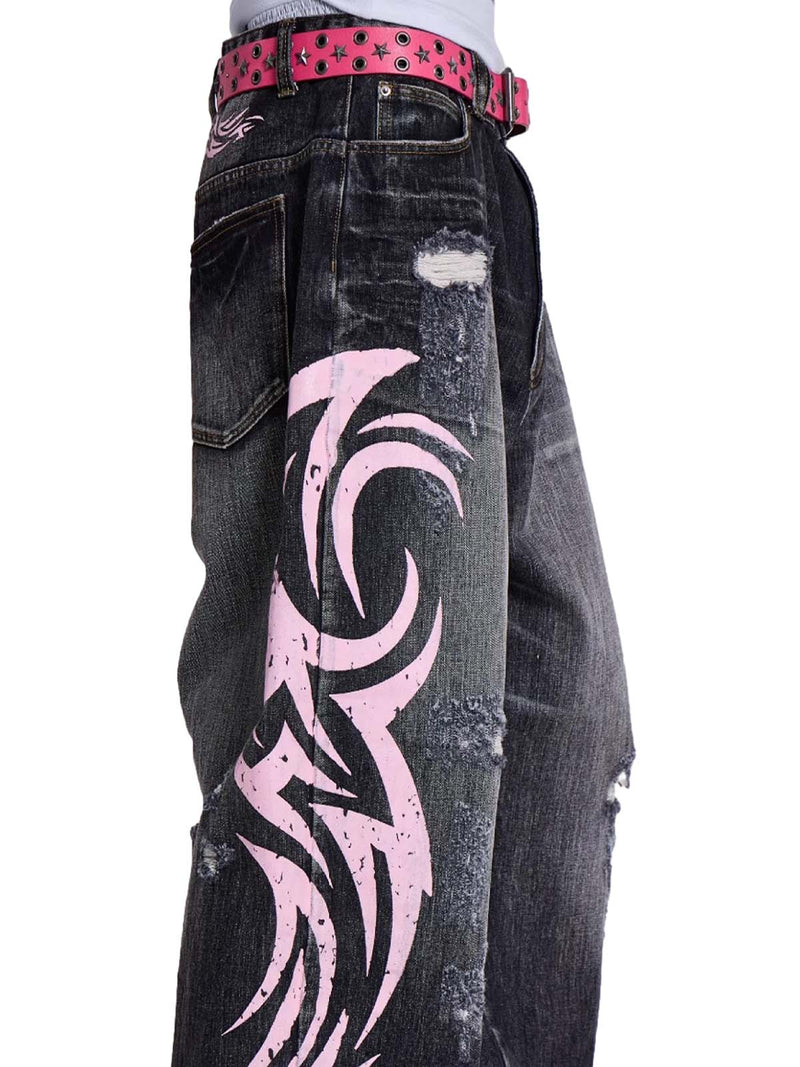 Washed Ripped Side Seam Straight Jeans