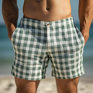 Men's Spring Fashion Plaid Linen Casual Sports Shorts