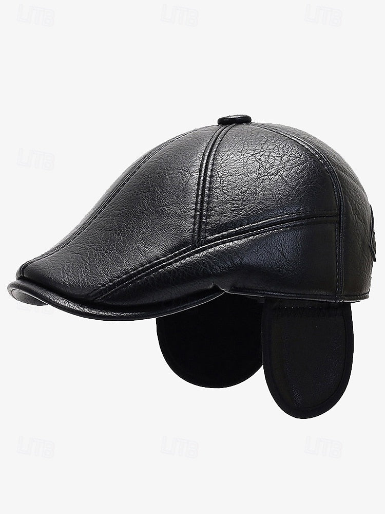 Men's Faux Leather Beret with Ear Flaps – Stylish Winter Hat with Ear Protection for Casual Wear and Outdoor Activities