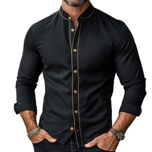 Camisa de manga larga con cuello alto, estampado retro informal con bloques de color para hombre
