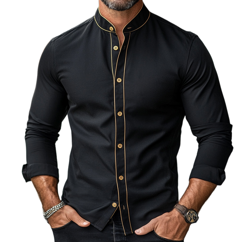 Herren Retro Casual Colorblock Printed Stehkragen Langarmhemd