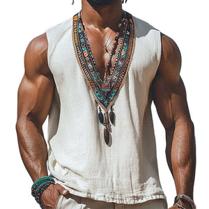 Herren Sommer Retro Tiefer V-Ausschnitt Baumwolle und Leinen Besticktes Tanktop