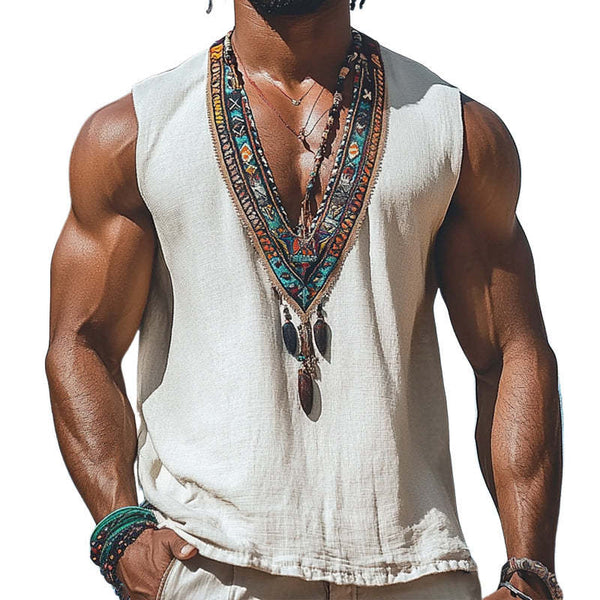 Men's Summer Retro Deep V Neck Cotton And Linen Embroidered Tank Top