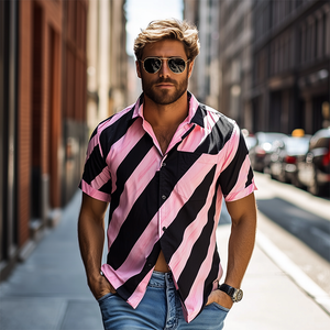 Camisa informal americana de gasa con estampado a rayas y manga corta para hombre