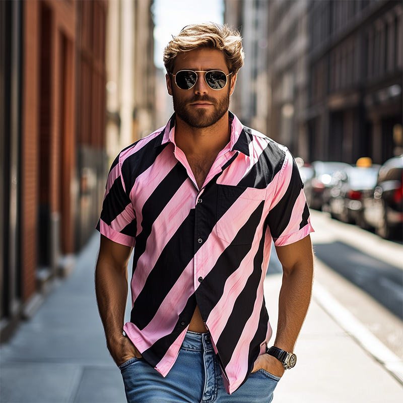 Men's American Casual Striped Printed Chiffon Short Sleeve Shirt MTA2003C6K