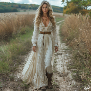 Vestido largo de lino estilo pastoral vintage con escote en V y manga larga para mujer