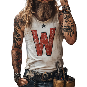 Men's Retro Rock 'WoW' Print Casual Crew Neck Tank Top