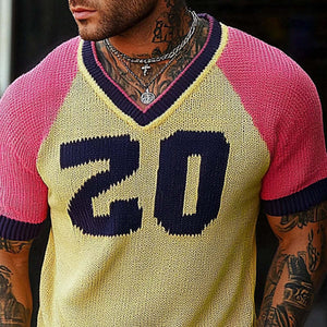 Camiseta de punto de manga corta con jacquard y letras en contraste para hombre
