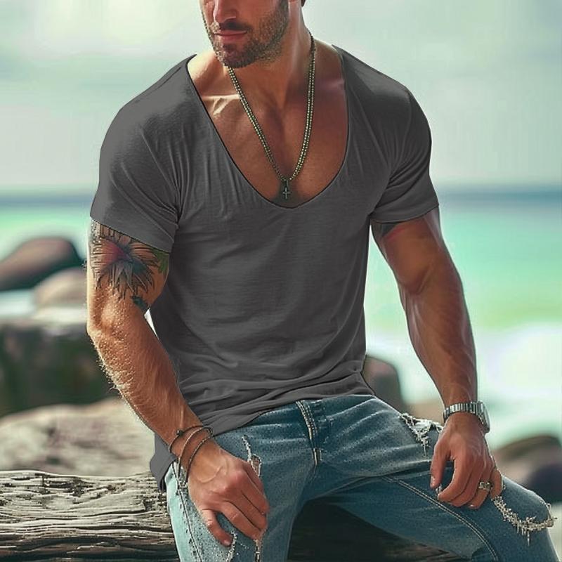 Camiseta informal de algodón mezclado con cuello en U y manga corta ajustada para hombre