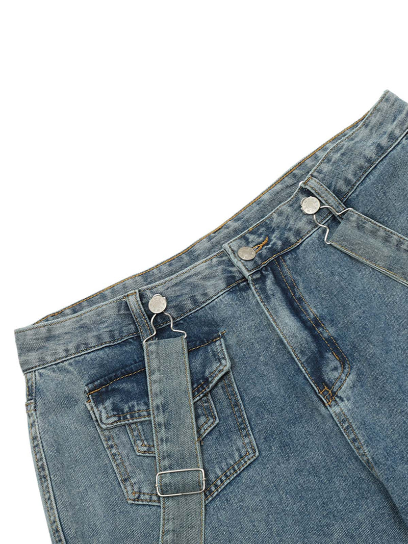 Retro Detachable Strap Multi-Pocket Jeans