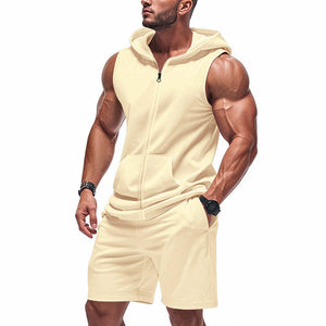 Men's Solid Color Sports Sleeveless Hoody Shorts Two-Piece Set