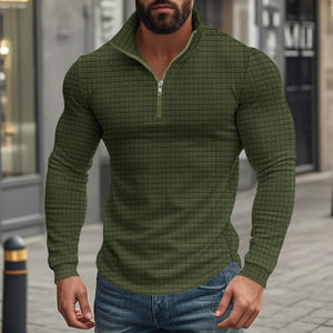 Camiseta de manga larga con cuello alto cuadrado pequeño y media cremallera para hombre