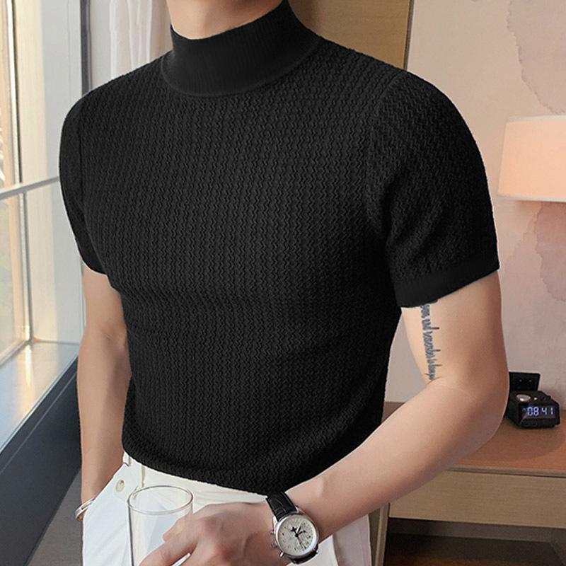 Herren-T-Shirt mit halbem Rollkragen, einfarbig, eng gestrickt, kurzärmelig