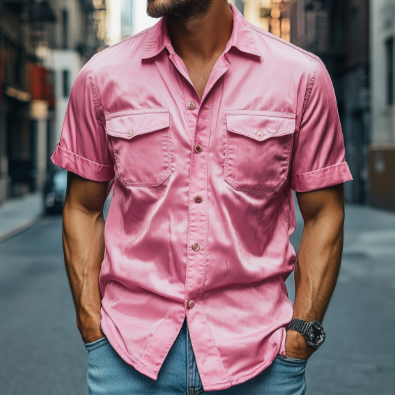 Men's Fashion Spring Summer Casual Satin Short Sleeve Shirt