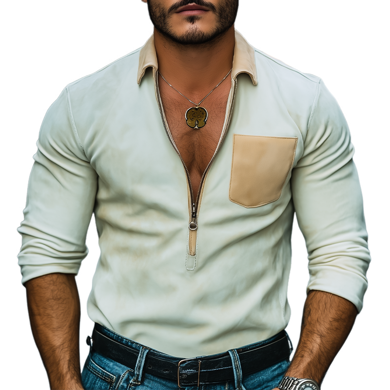 Camisa informal de manga larga de gamuza con cuello en V profundo y cremallera para hombre, moda de primavera
