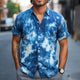 Camisa informal de manga corta de algodón teñido anudado azul de verano para hombre