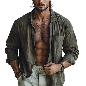 Camisa holgada de algodón con solapa lisa para hombre