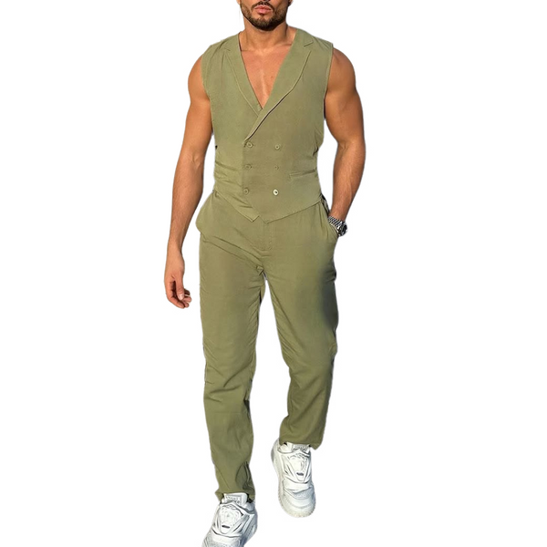 Men's Solid Notch Lapel Double Breasted Vest Trousers Casual Set MTA0872D5Z