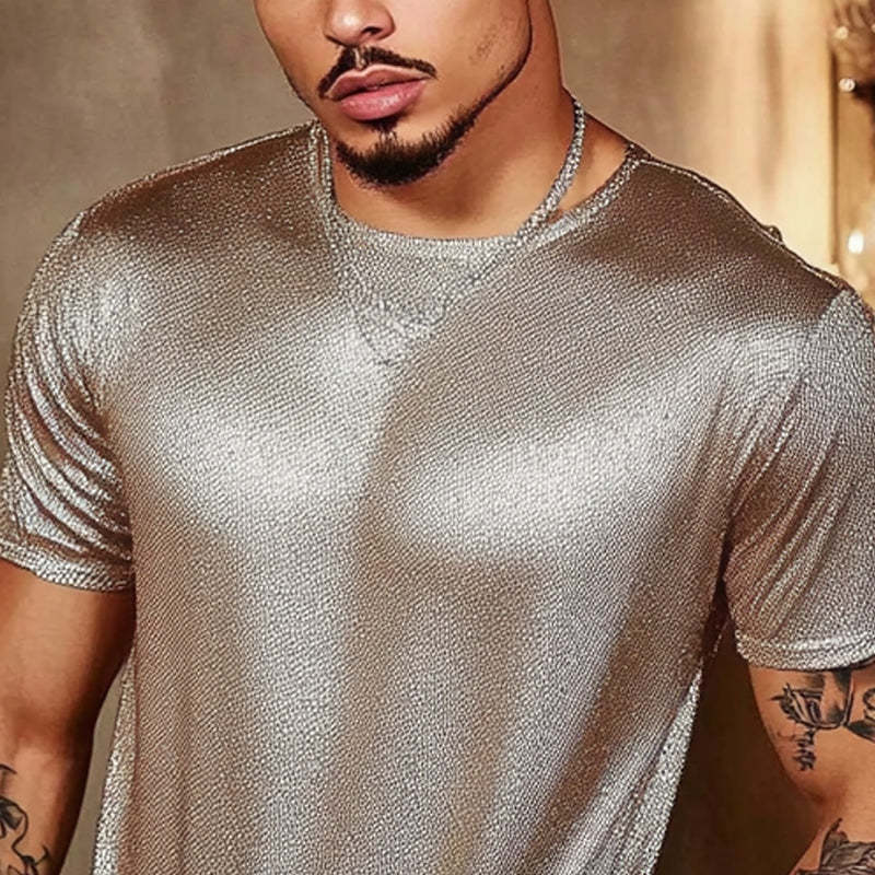 Camiseta de manga corta con cuello redondo y purpurina de color liso para hombre